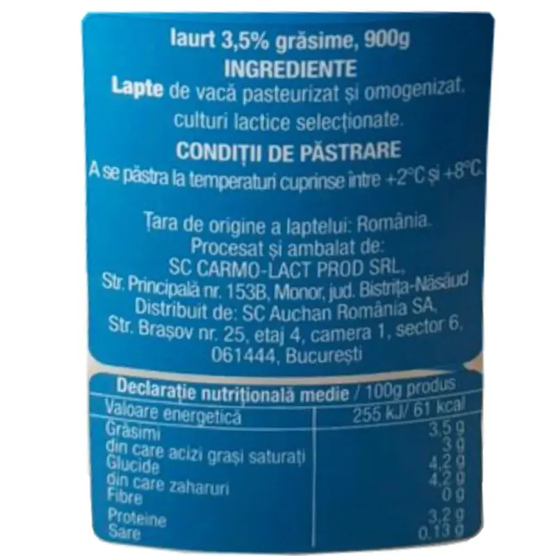 Imaginea numarul 3 reprezentatand Iaurt natur Auchan, 3.5% grasime, 900 g