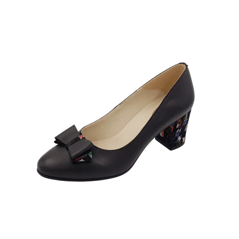 Imagine pentru Pantofi dama SandAli piele naturală cu fundă, vârf rotund, toc masiv mediu 6 cm, picasso negru