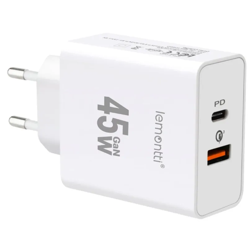 Imagine pentru Incarcator retea Lemontti GaN Fast Charge 45W 1 x PD Type-C + 1 x USB-A Quick Charge 3.0, Alb