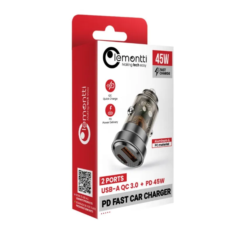 Imagine pentru Incarcator auto Lemontti Fast Charge 45W 2 porturi PD Type-C 45W + USB-A QC 3.0 Transparent / Negru