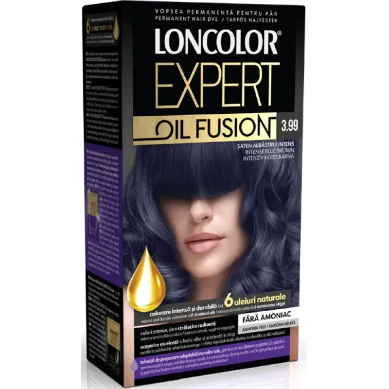 Imagine pentru Vopsea de par permanenta Loncolor Expert Oil Fusion 3.99 Saten Albastrui Intens, 100 ml