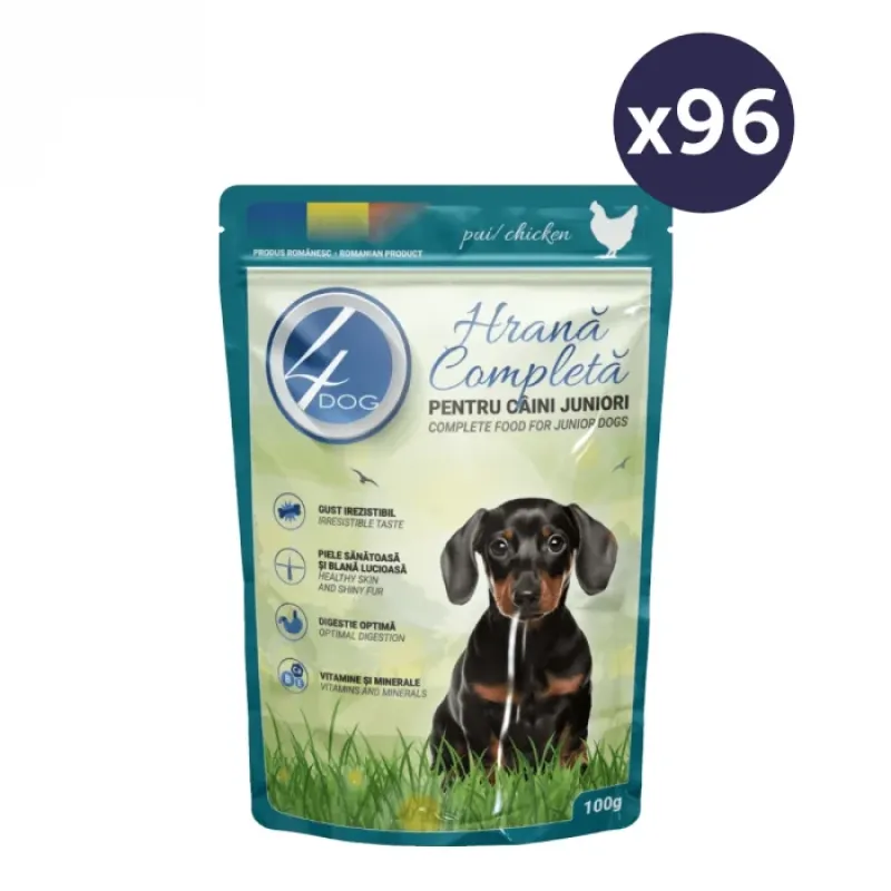 Imagine pentru Hrană umedă câini junior pui în sos megapack, 96×100 g, 4DOG