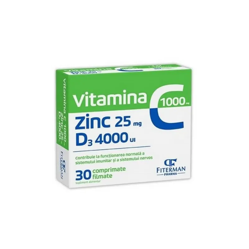 Imagine pentru Vitamina C 1000 mg + Zinc 25 mg + D3 4000 UI, 30 comprimate, Fiterman