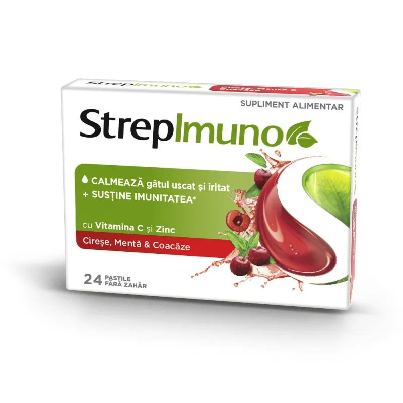 Imagine pentru Strepimuno cu cireșe, mentă și coacăze, 24 pastile de supt, Reckitt Benckiser