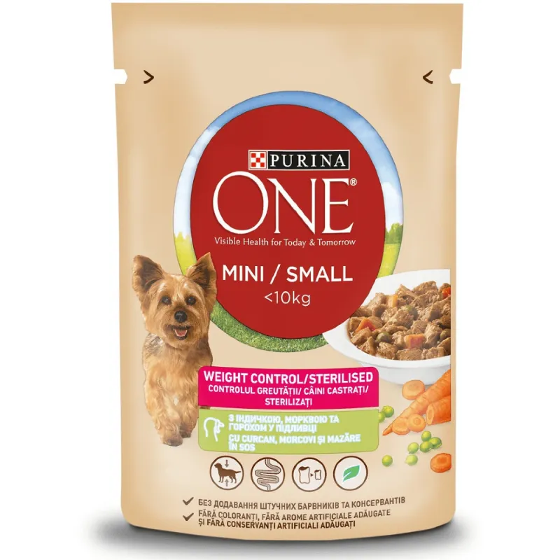 Imagine pentru Hrana umeda pentru caini adulti Purina One Mini controlul greutatii cu Curcan, 85 g