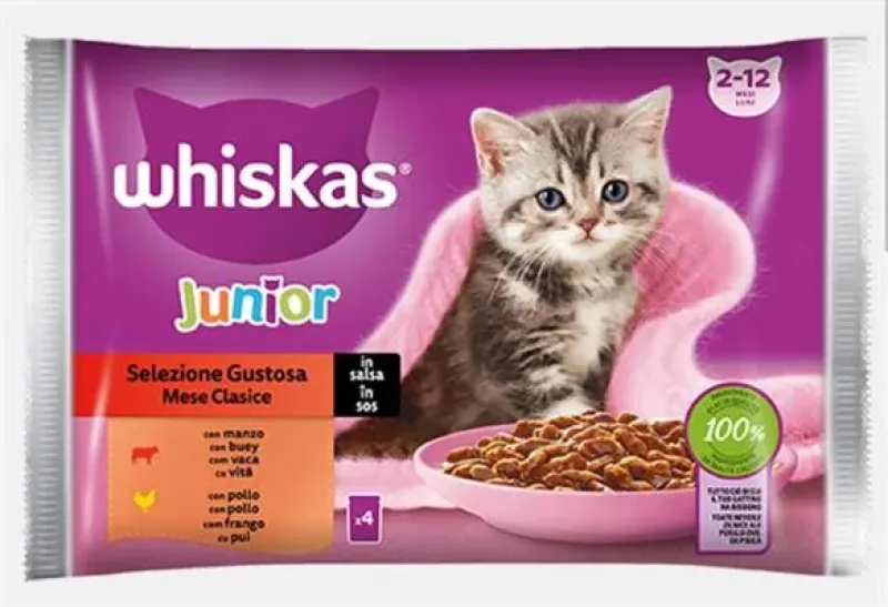 Imagine pentru Hrana umeda pisici Whiskas Junios in sos cu carne de vita si pui 4 x 85g