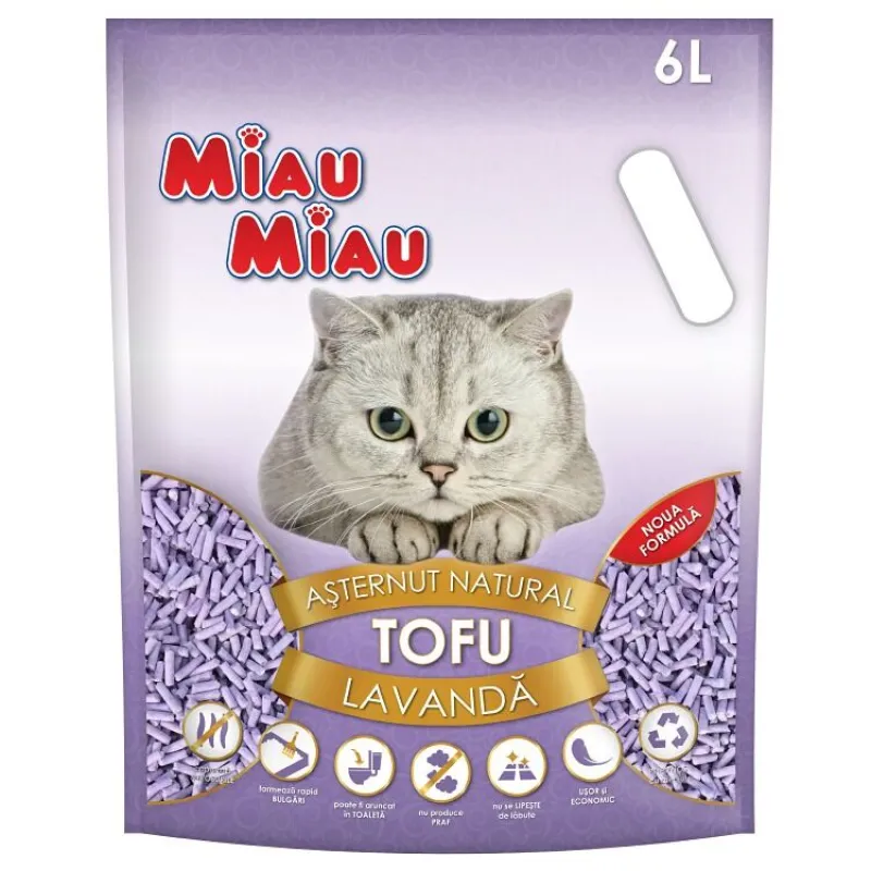 Imagine pentru Asternut igienic pentru pisici Miau Miau, tofu, lavanda, 6 L