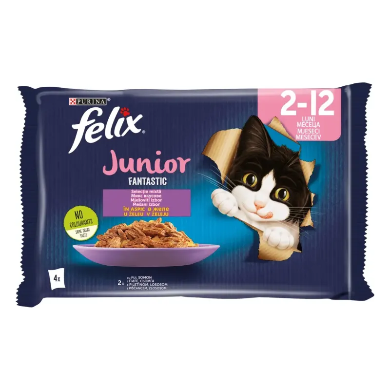 Imagine pentru Hrana umeda pentru pisici Felix Fantastic Junior Pui in Aspic, 4 x 85g
