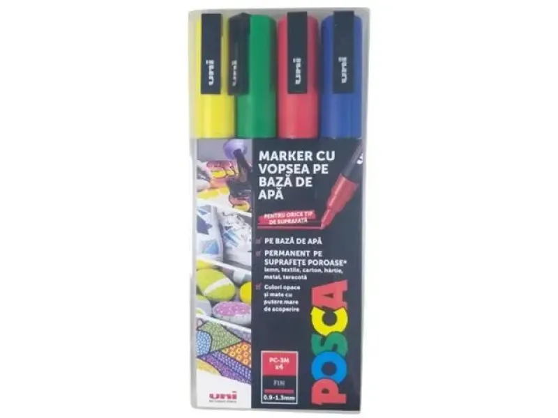 Imagine pentru Set 4 markere permanente cu vopsea pe baza de apa Posca PC-3M, 0.9-1.3 mm, Multicolor