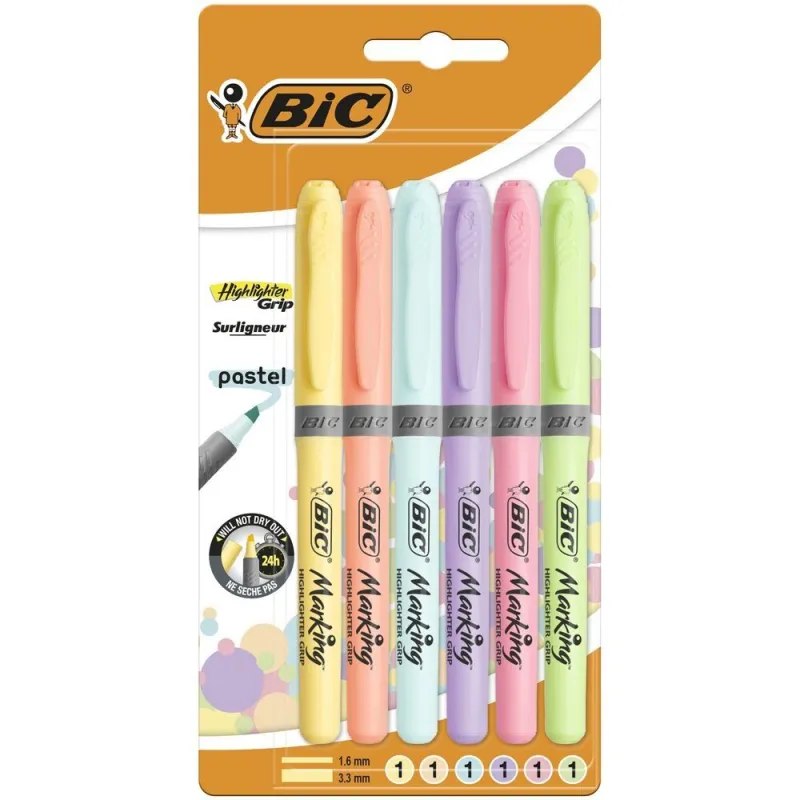 Imagine pentru Set 6 evidentiatoare BIC Highlighter Grip Pastel, varf mediu tesit, Multicolor
