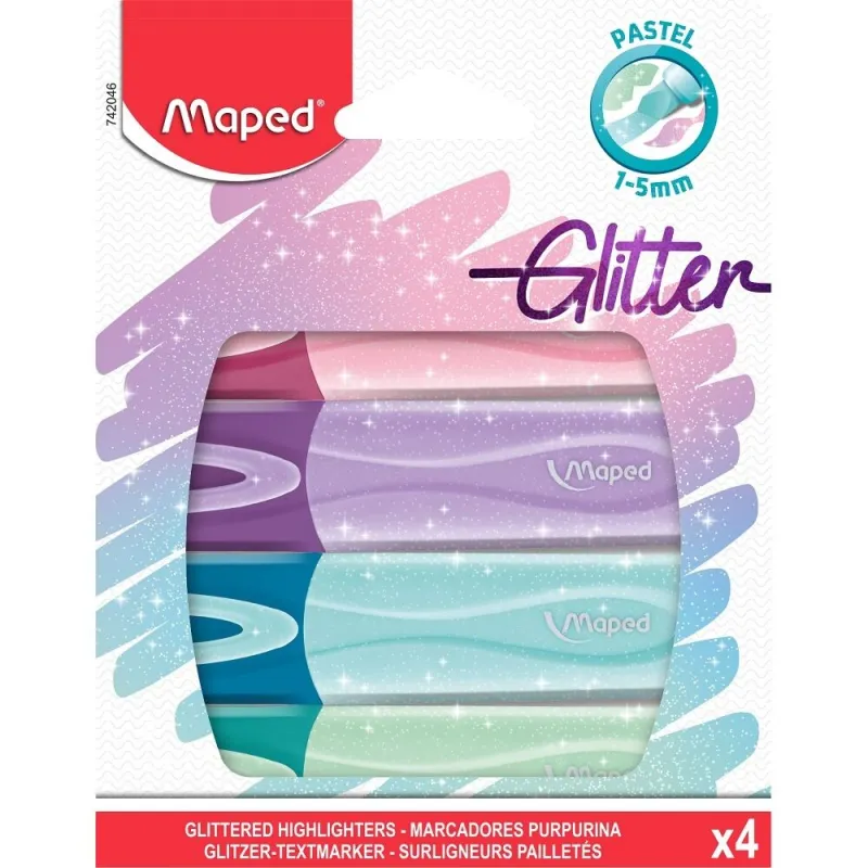 Imagine pentru Set 4 markere evidentiatoare cu sclipici Fluo'Peps Classic Pastel Maped, Multicolor