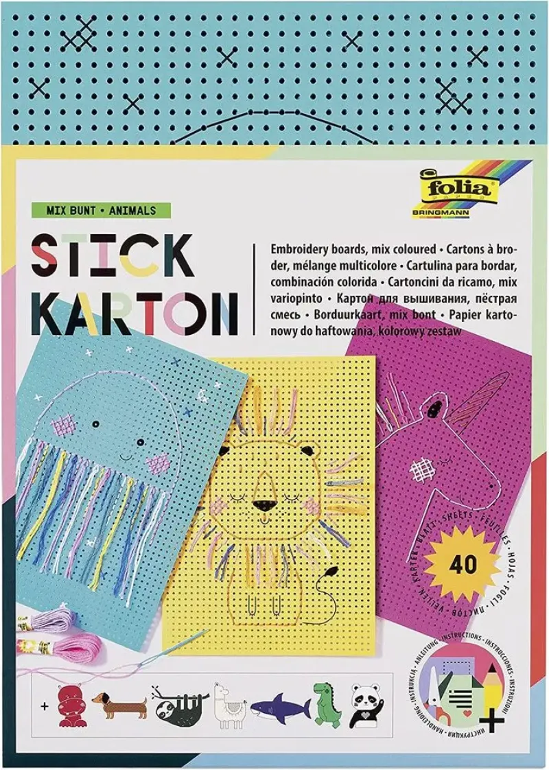 Imagine pentru Kit broderie pe cartoane colorate perforate si imprimate cu animale Folia