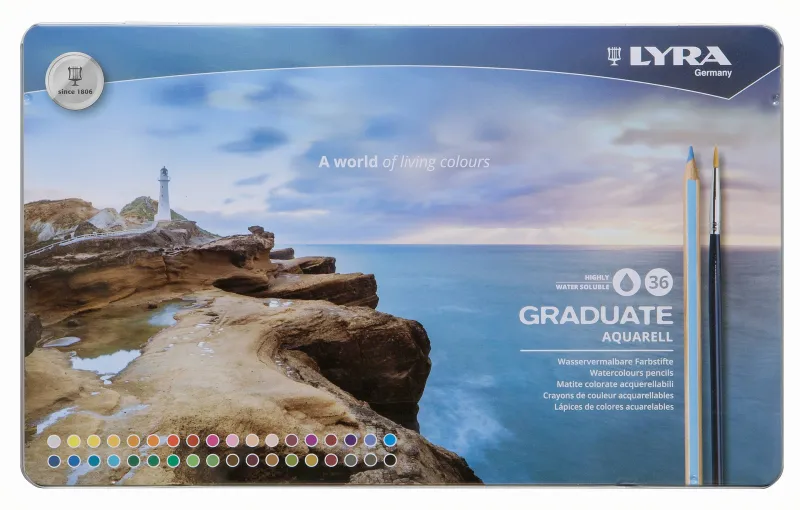 Imagine pentru Creioane Colorate Lyra Graduate Aquarell, 36 Culori+Pensula/Cutie Metalica