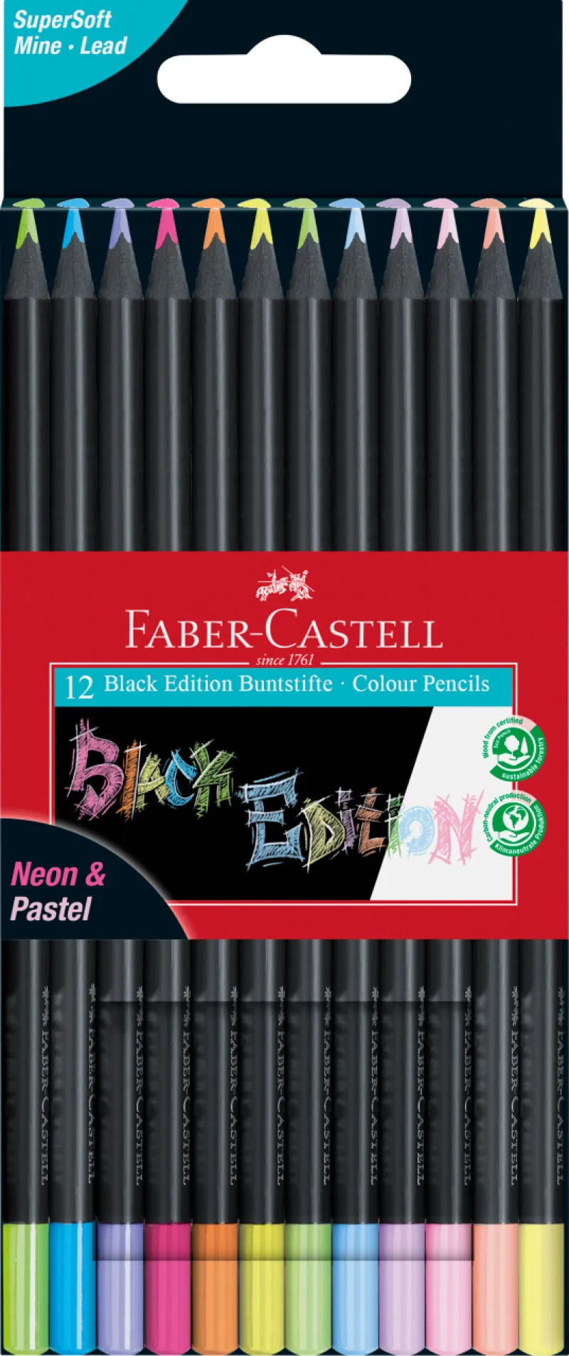 Imagine pentru Creioane Colorate 12 Culori Pastel+ Neon Black Edition Faber-Castell