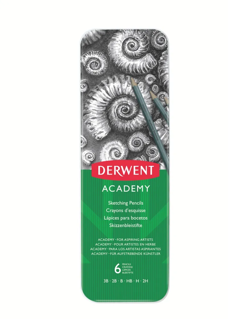 Imagine pentru Creioane Grafit 3B-2H Derwent Academy, Cutie Metalica, 6 Buc/Set, Negru