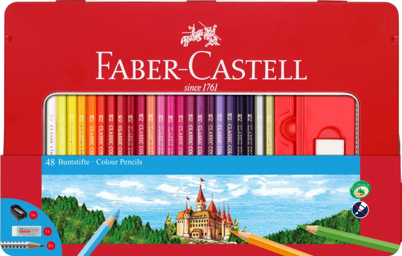 Imagine pentru Creioane Colorate 48 Culori + 4 Accesorii Cutie Metal Faber-Cast