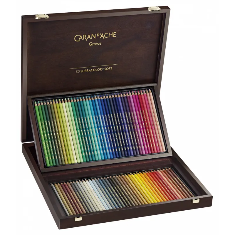 Imagine pentru Set 80 Creioane Colorate Carandache Supracolor Aquarelle Pencil Set Wood Case