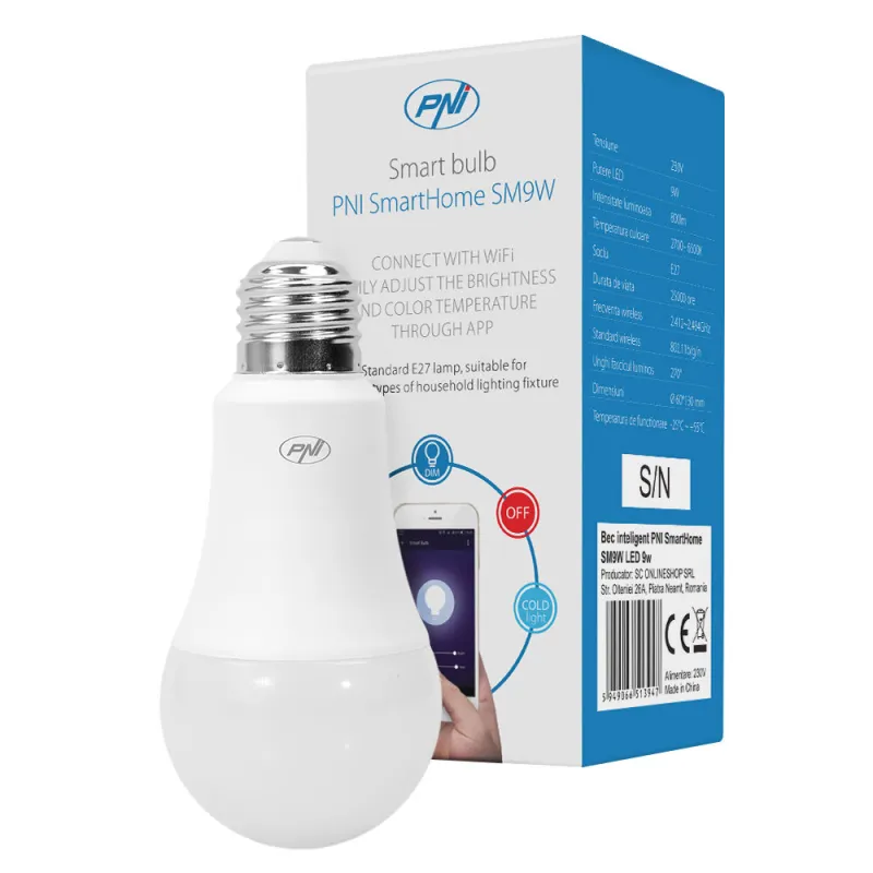 Imagine pentru Bec inteligent PNI SmartHome SM9W LED 9w cu lumina reglabila, programabil WiFi compatibil cu Google