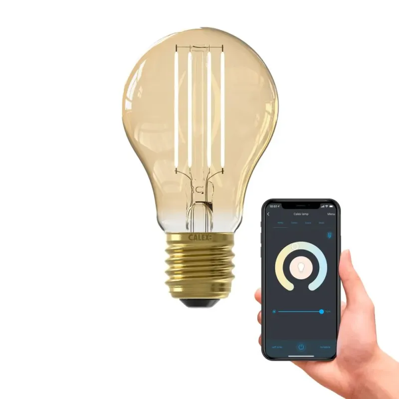 Imagine pentru Bec reglabil din aplicatie LED Smart Calex, model auriu cu filament, A60, 806 lm, E27 CCT 1800-3000