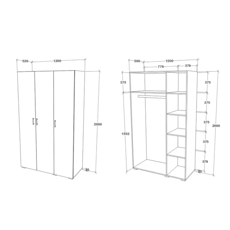 Imaginea numarul 4 reprezentatand Dulap 3 uși 5 polițe 1 bară PAL 200x120x52, decor Soho alb