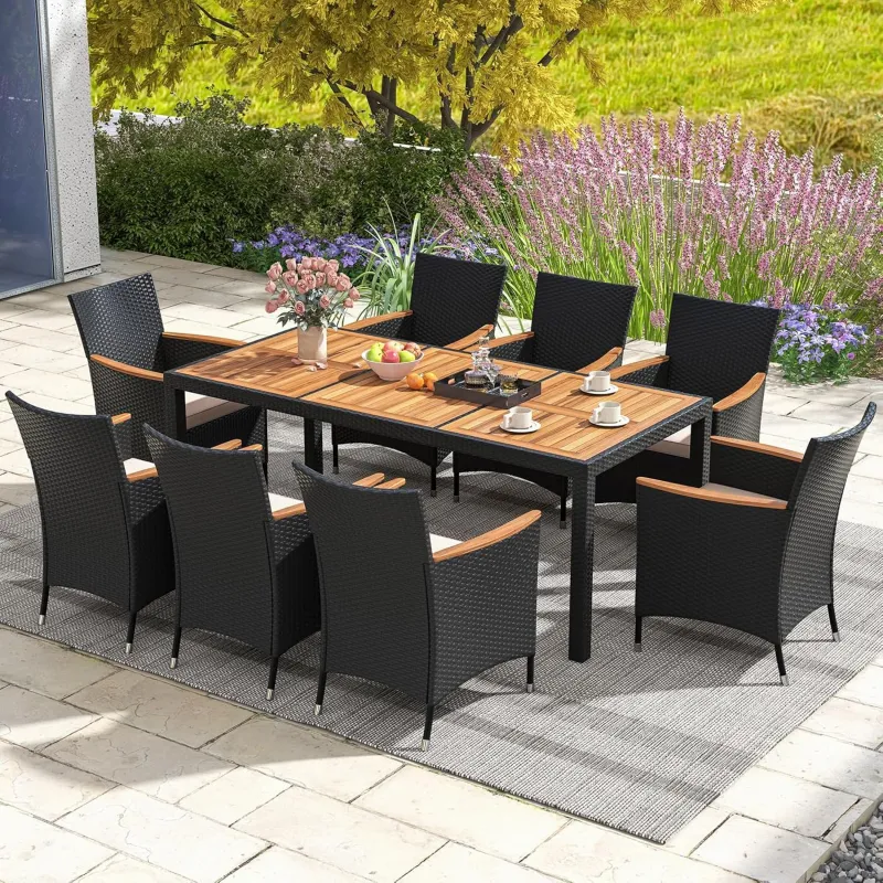 Imagine pentru Salon de gradina in rotin 9 piese pentru 8 persoane Plato de masa din acacia, ansamblu de sala